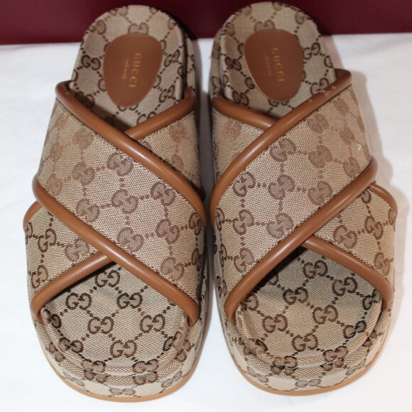 NWB Gucci GG Supreme Padded Platform Crisscross Sandals Slides Beige 40 816798 - Picture 2 of 6